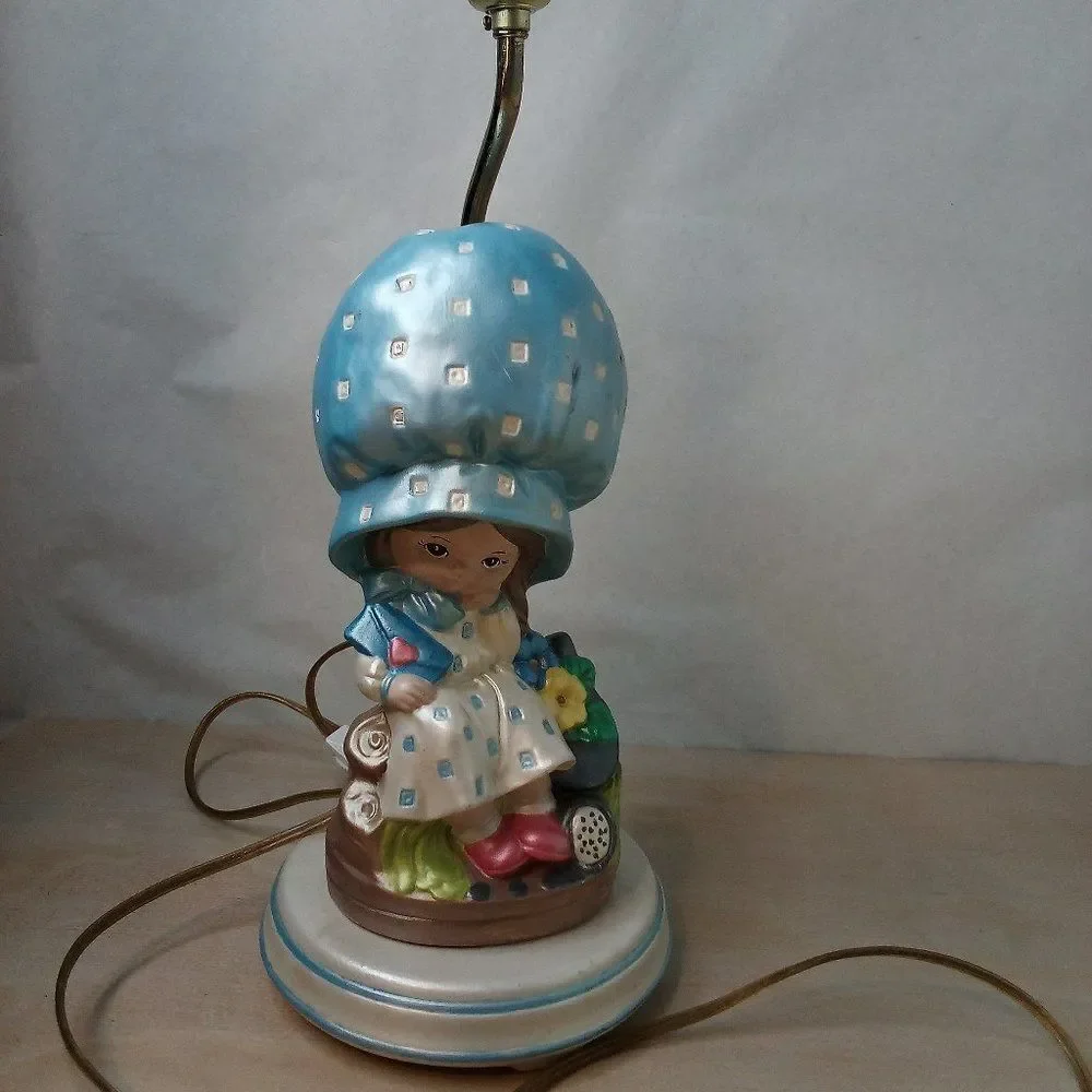 Vintage Atlantic Mold Ceramic Girl Bonnet Flowers Doll Hand Painted Kitschy Lamp